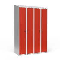 Garderobeskab 4x300mm, skråt tag, døre i rød med greb til hængelås