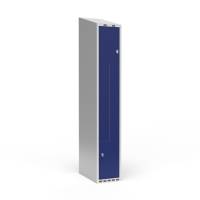 Garderobeskab 1x300mm med skråt tag,  2 delt Z-døre i blå med greb for hængelåse