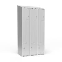 Garderobeskab 3x300mm med skråt tag, 2 delt Z-døre i lys grå med greb for hængelåse