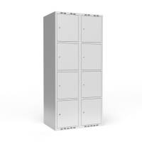 Garderobeskab 2x400mm med lige tag, 4 rum i højden med lys grå døre og cylinderlåse