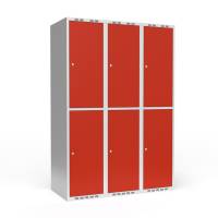 Garderobeskab 3x400mm med lige tag, 2 rum i højden med røde døre og cylinderlåse