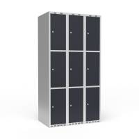 Garderobeskab 3x300mm med lige tag, 3 rum i h&oslash;jden med antracit d&oslash;re og cylinderl&aring;se