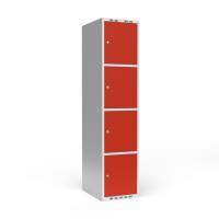 Garderobeskab 1x400mm med lige tag, 4 rum i højden med røde døre og cylinderlåse