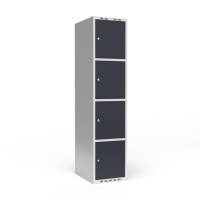 Garderobeskab 1x400mm med lige tag, 4 rum i højden med antracit døre og cylinderlåse