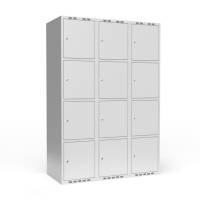 Garderobeskab 3x400mm med lige tag, 4 rum i højden med lys grå døre og cylinderlåse