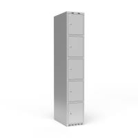 Garderobeskab 1x300mm med lige tag, 5 rum i højden med lys grå døre og cylinderlåse