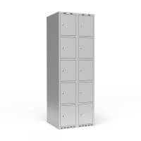 Garderobeskab 2x300mm med lige tag, 5 rum i højden med lys grå døre og cylinderlåse 