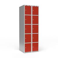 Garderobeskab 2x300mm med lige tag, 5 rum i højden med røde døre og cylinderlåse