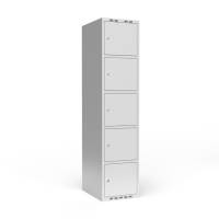 Garderobeskab 1x400mm med lige tag, 5 rum i højden med lys grå døre og cylinderlåse