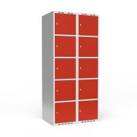 Garderobeskab 2x400mm med lige tag, 5 rum i højden med røde døre og cylinderlåse