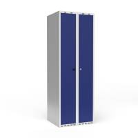 Garderobeskab 2x300mm, lige tag, d&oslash;re i bl&aring; med cylinderl&aring;s