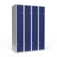 Garderobeskab 4x300mm med lige tag, 2 delt Z-døre i blå med greb for hængelåse