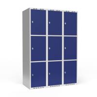 Garderobeskab 3x400mm med lige tag, 3 rum i højden med blå døre og greb til hængelåse