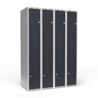 Garderobeskab 4x300mm med lige tag, 2 delt Z-døre i antracit med greb for hængelåse