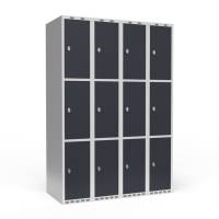 Garderobeskab 4x300mm med lige tag, 3 rum i højden med antracit døre og greb til hængelåse