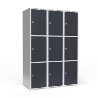 Garderobeskab 3x400mm med lige tag, 3 rum i højden med antracit døre og greb til hængelåse