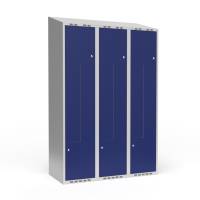 Garderobeskab 3x400mm med skråt tag, 2 delt Z-døre i blå med cylinderlåse