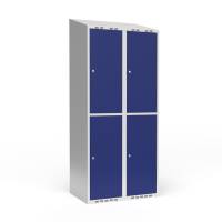 Garderobeskab 2x400mm med skråt tag, 2 rum i højden med blå døre og cylinderlåse