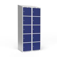 Garderobeskab 2x400mm med skråt tag, 5 rum i højden med blå døre og cylinderlåse 