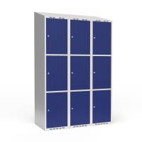 Garderobeskab 3x400mm med skråt tag, 3 rum i højden med blå døre og cylinderlåse