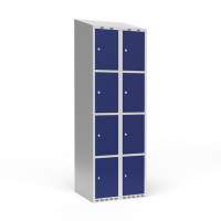 Garderobeskab 2x300mm med skråt tag, 4 rum i højden med blå døre og cylinderlåse