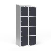 Garderobeskab 2x400mm med skråt tag, 4 rum i højden med antracit døre og cylinderlåse