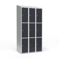 Garderobeskab 3x300mm med skråt tag, 3 rum i højden med antracit døre og cylinderlåse