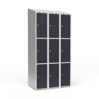 Garderobeskab 3x300mm med skr&aring;t tag, 3 rum i h&oslash;jden med antracit d&oslash;re og cylinderl&aring;se
