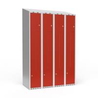 Garderobeskab 4x300mm med skråt tag, 2 delt Z-døre i rød med cylinderlåse