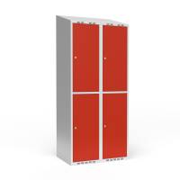 Garderobeskab 2x400mm med skråt tag, 2 rum i højden med røde døre og cylinderlåse