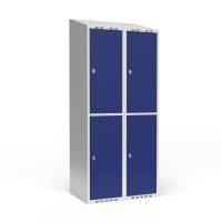 Garderobeskab 2x400mm med skråt tag, 2 rum i højden med blå døre og greb til hængelåse
