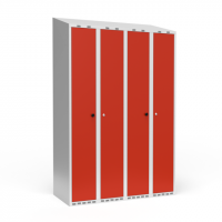 Garderobeskab 4x300mm, skråt tag, døre i rød med cylinderlås