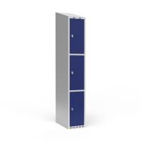 Garderobeskab 1x300mm med skråt tag, 3 rum i højden med blå døre og greb til hængelåse