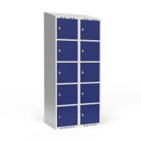 Garderobeskab 2x400mm med skråt tag, 5 rum i højden med blå døre og greb til hængelåse