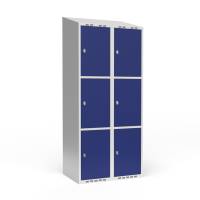 Garderobeskab 2x400mm med skråt tag, 3 rum i højden med blå døre og greb til hængelåse