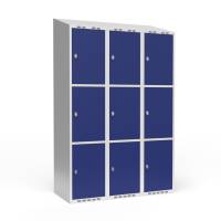 Garderobeskab 3x400mm med skråt tag, 3 rum i højden med blå døre og greb til hængelåse
