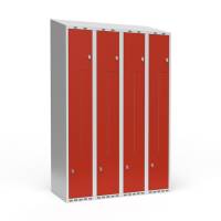 Garderobeskab 4x300mm med skråt tag, 2 delt Z-døre i rød med greb for hængelåse