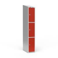 Garderobeskab 1x300mm med skråt tag, 3 rum i højden med røde døre og greb til hængelåse