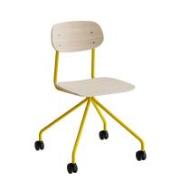 Atlas elevstol p&aring; hjul hvidpigmenteret egelaminat med gult stel