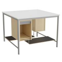 Sybord med fodplader 1200x1200mm hvid laminat med alugråt stel