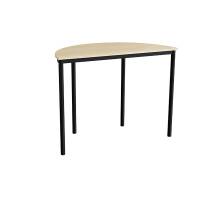 Halvrundt elevbord 120x60cm i lydd&aelig;mpende birk laminat med sort stel, h&oslash;jde 90cm