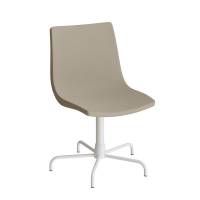 Konferencestol i beige tekstil med hvidt drejeligt stel og glidesko