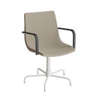 Konferencestol med armlæn i beige tekstil, hvidt drejeligt stel og glidesko