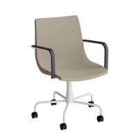Konferencestol med arml&aelig;n i beige tekstil, hvidt drejeligt stel og hjul