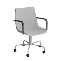 Konferencestol med armlæn i lys grå tekstil, alugråt drejeligt stel og hjul