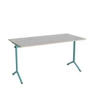 Atlas bord 140x70cm i lydd&aelig;mpende lys gr&aring; linoleum med turkis stel, h&oslash;jde 72cm