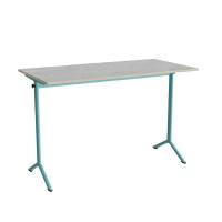 Atlas bord 140x70cm i lydd&aelig;mpende lys gr&aring; linoleum med turkis stel, h&oslash;jde 90cm