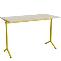 Atlas bord 140x70cm i lydd&aelig;mpende hvidpigmenteret eg med gult stel, h&oslash;jde 90cm