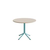 Atlas cafébord Ø90cm i hvidpigmenteret eg med turkis stel, højde 72cm