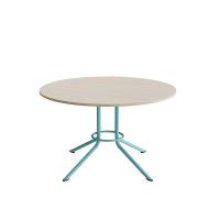 Atlas cafébord Ø120cm i hvidpigmenteret eg med turkis stel, højde 72cm